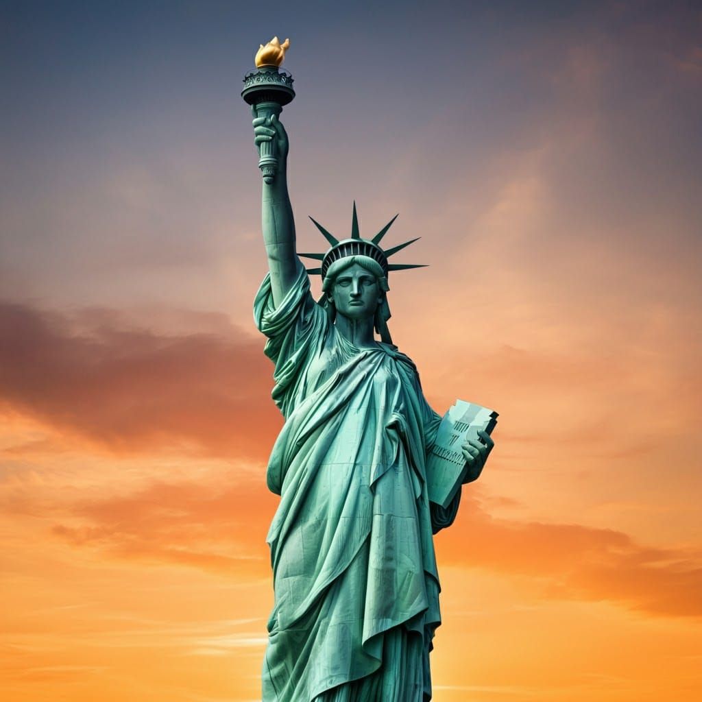 Jade Statue of Liberty Against Colorful Sky