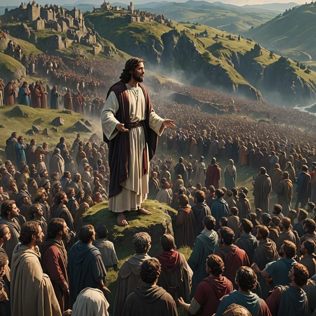 Jesus Preaching on a Hill: Detailed Matte Painting
