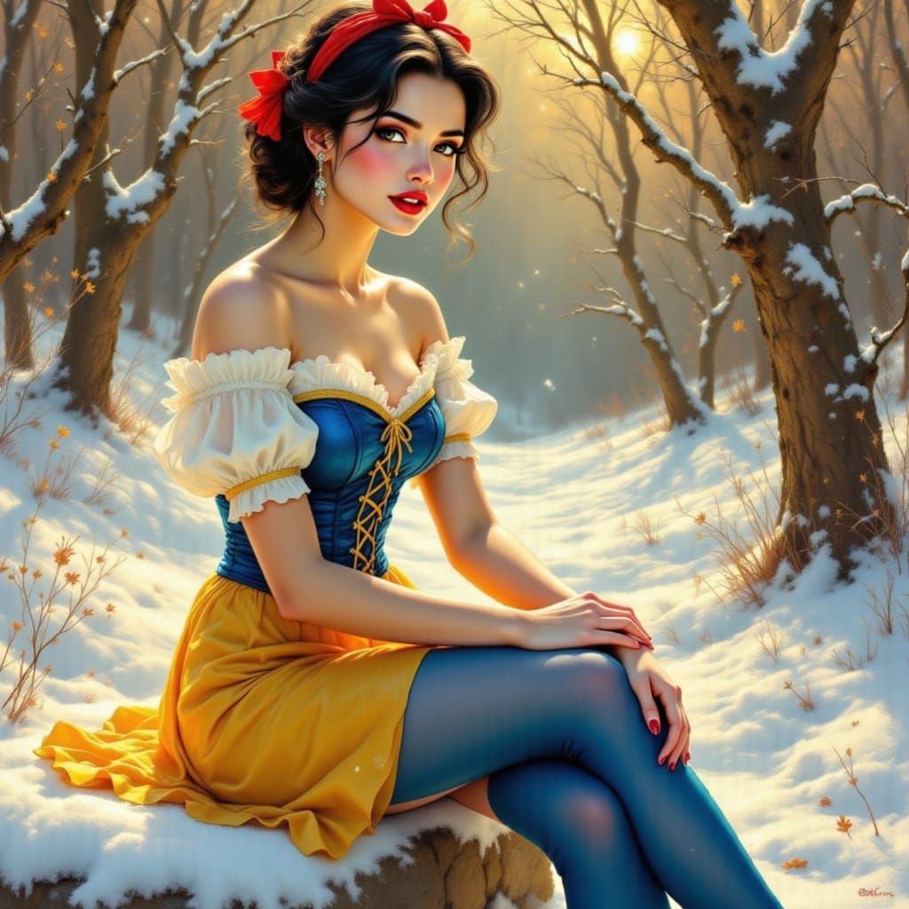 Golden Hour Pin-Up Snow White Seated in Snowy Forest