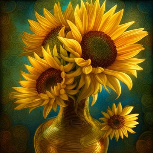 Sunflowers in Vase: Intricate 3D Mixed Media Art