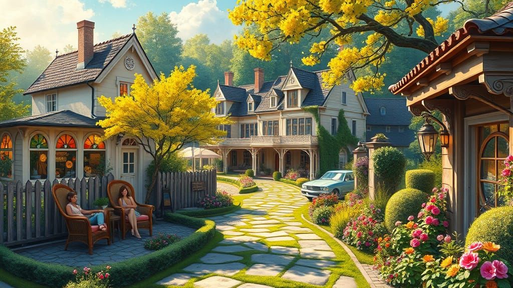 Victorian Village Paradise in Whimsical Fantasy Style