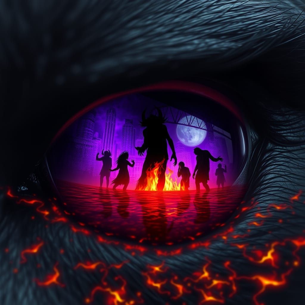 Macro Demon Eye with Fiery Reflection