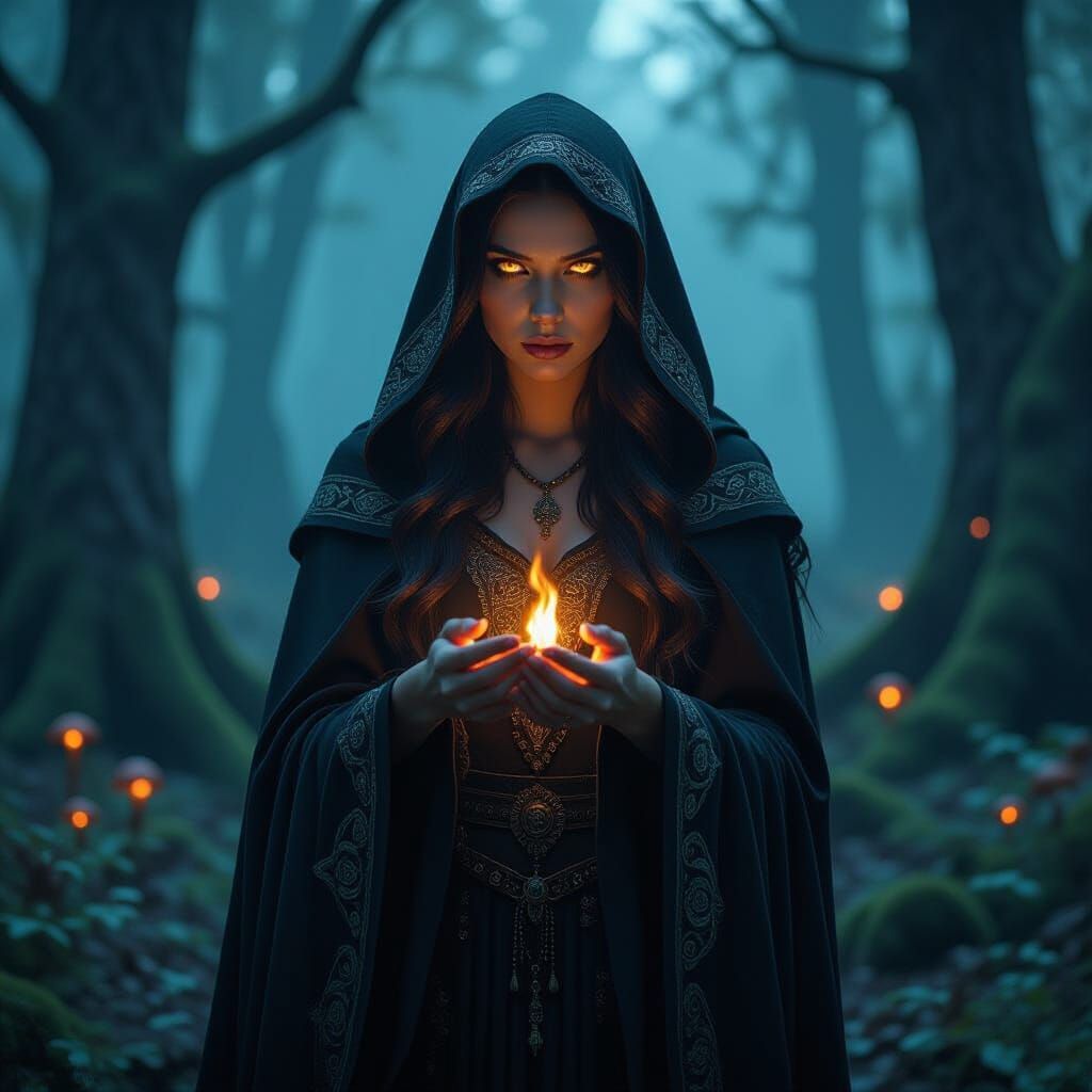 Mysterious Tarot Reader in Dark Fantasy Forest