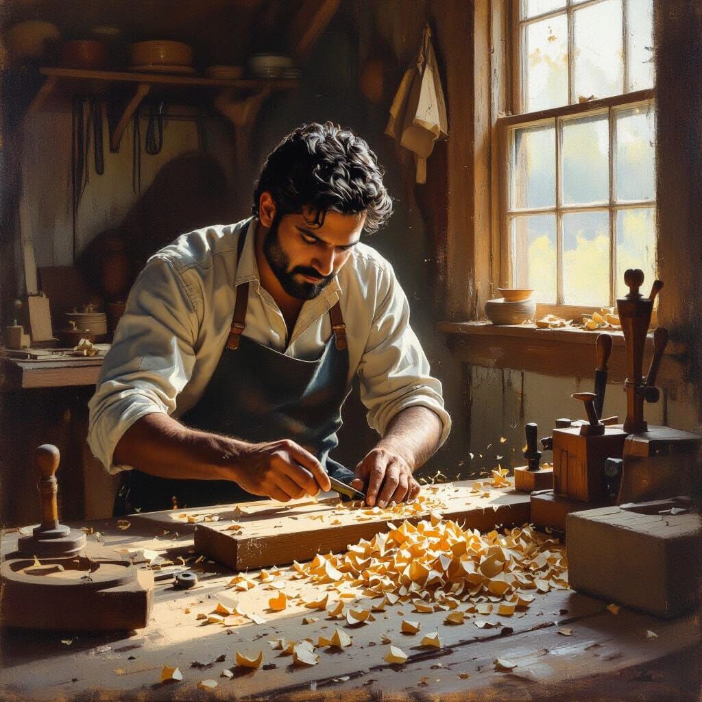 Vikram Woodworking in Cozy House, Realistic Oil Painting