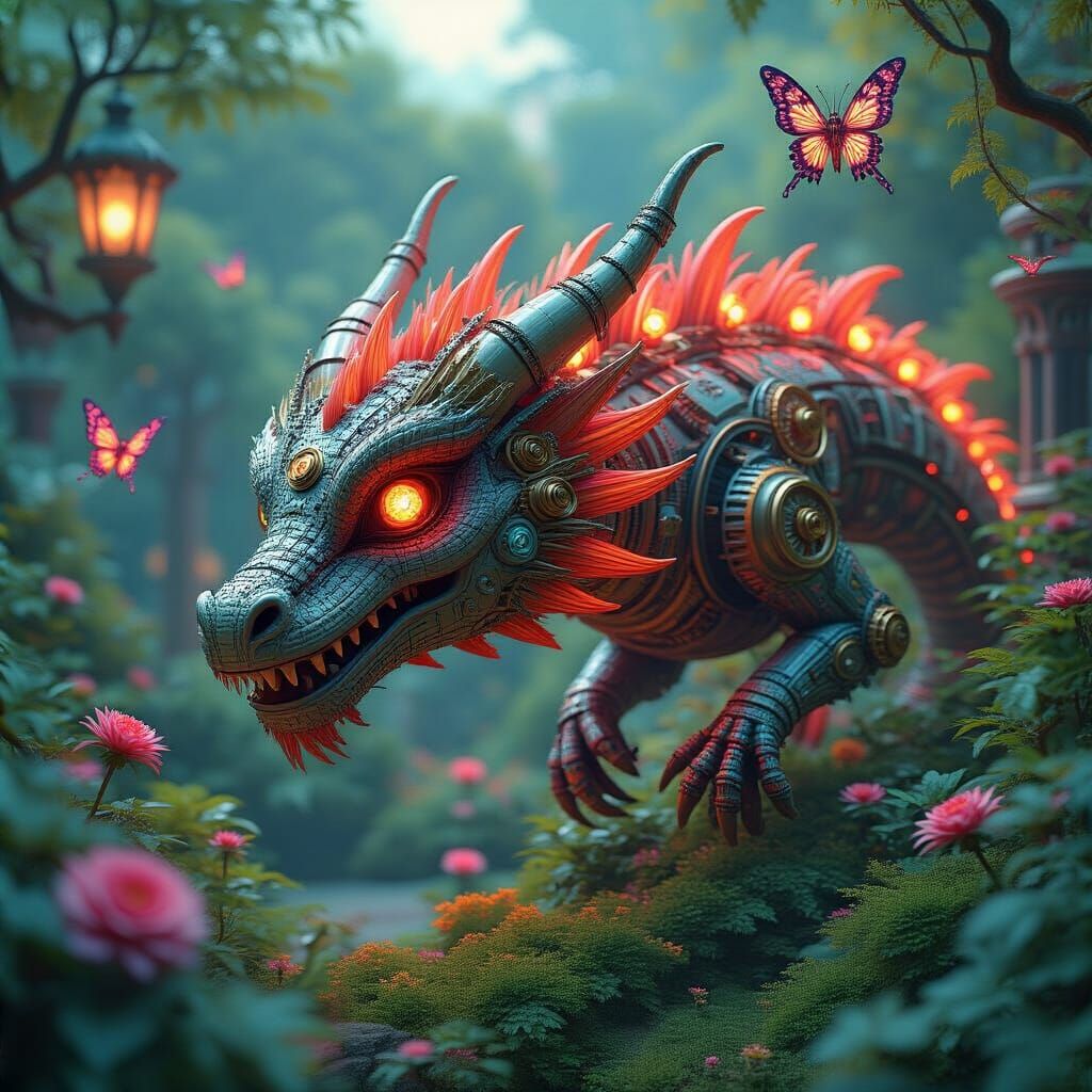 Clockwork Dragon Soaring Through Retro-Futuristic Garden