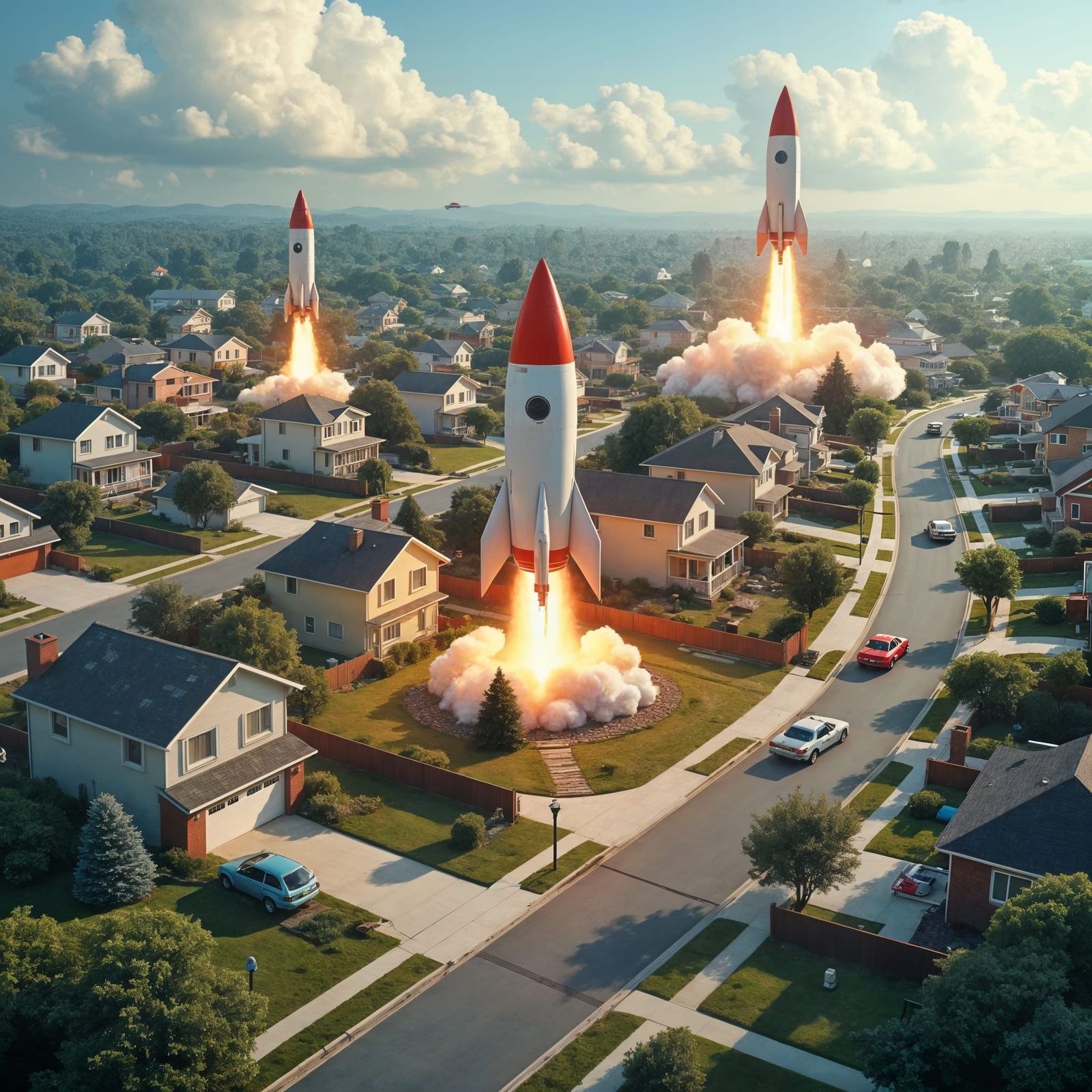 Retro-Futuristic Suburbia with Rocket Landings