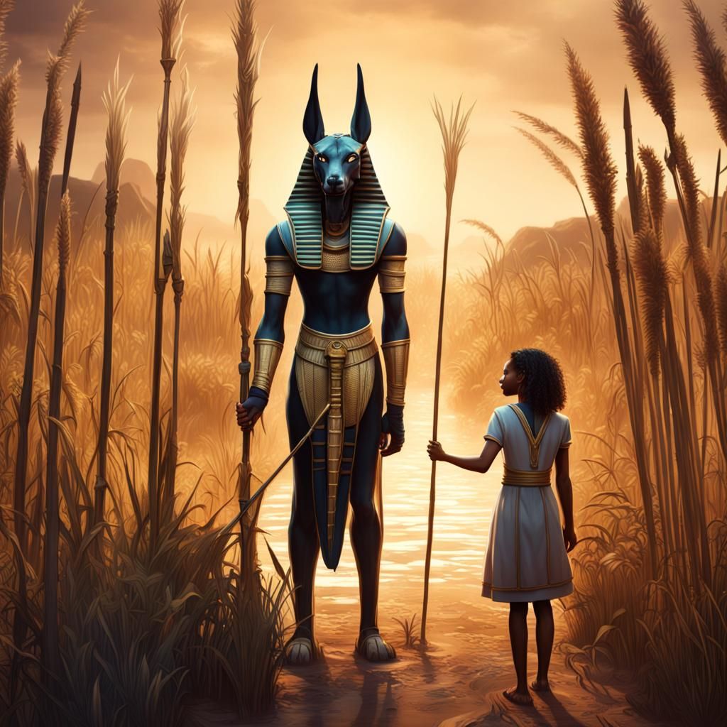 Anubis Guides Soul Through Reeds: Fantasy Art