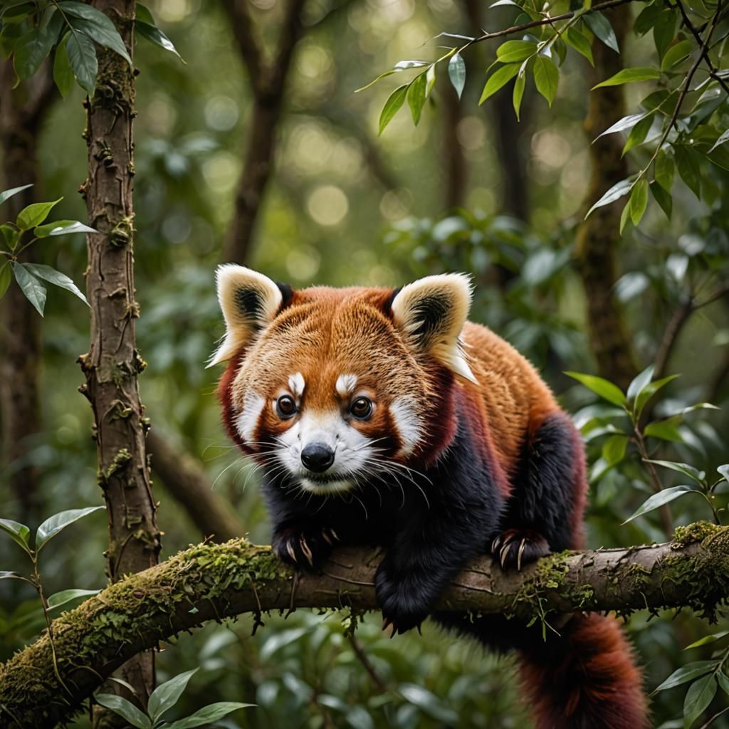 Attentive Red Panda in Lush Forest Setting