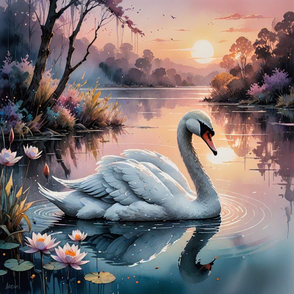 Ethereal Swan on Serene Spring Lake