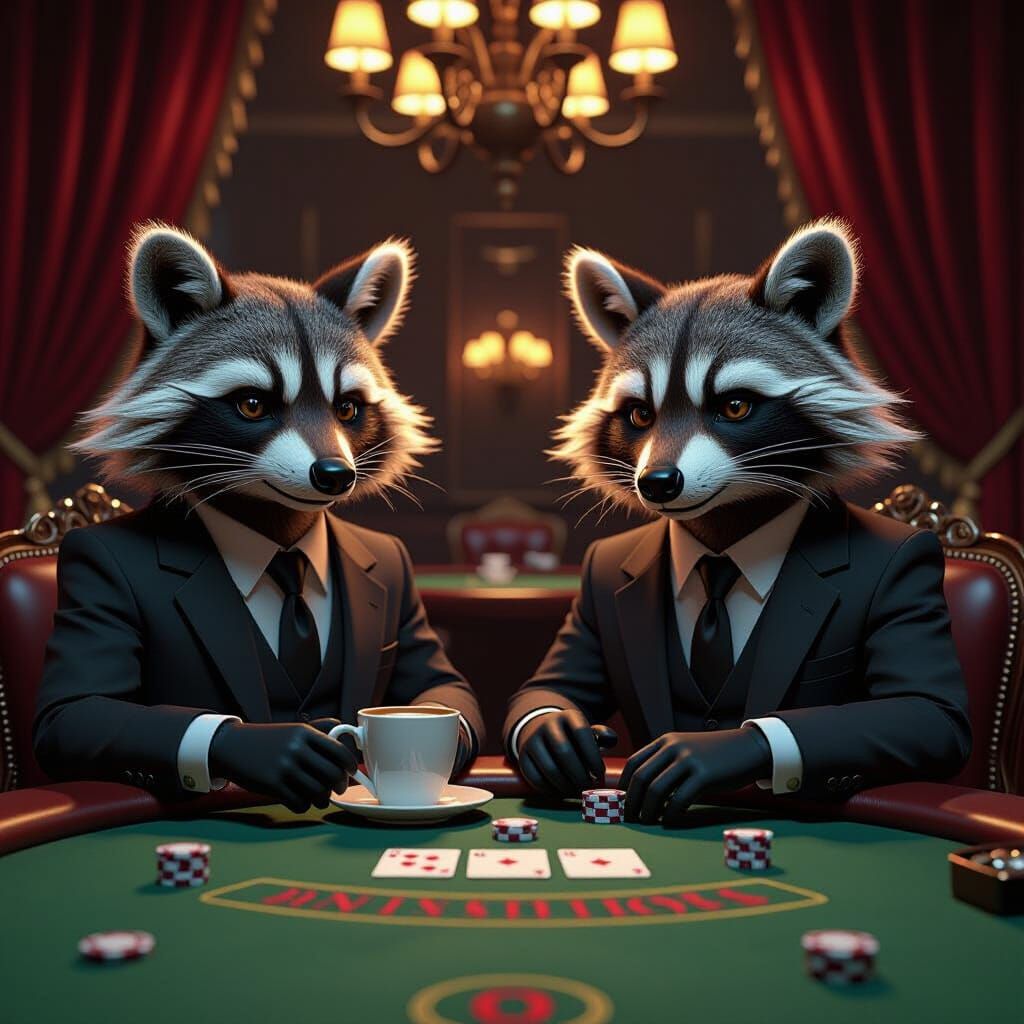Anthropomorphic Raccoons Play Poker in a Casino: 3D Render