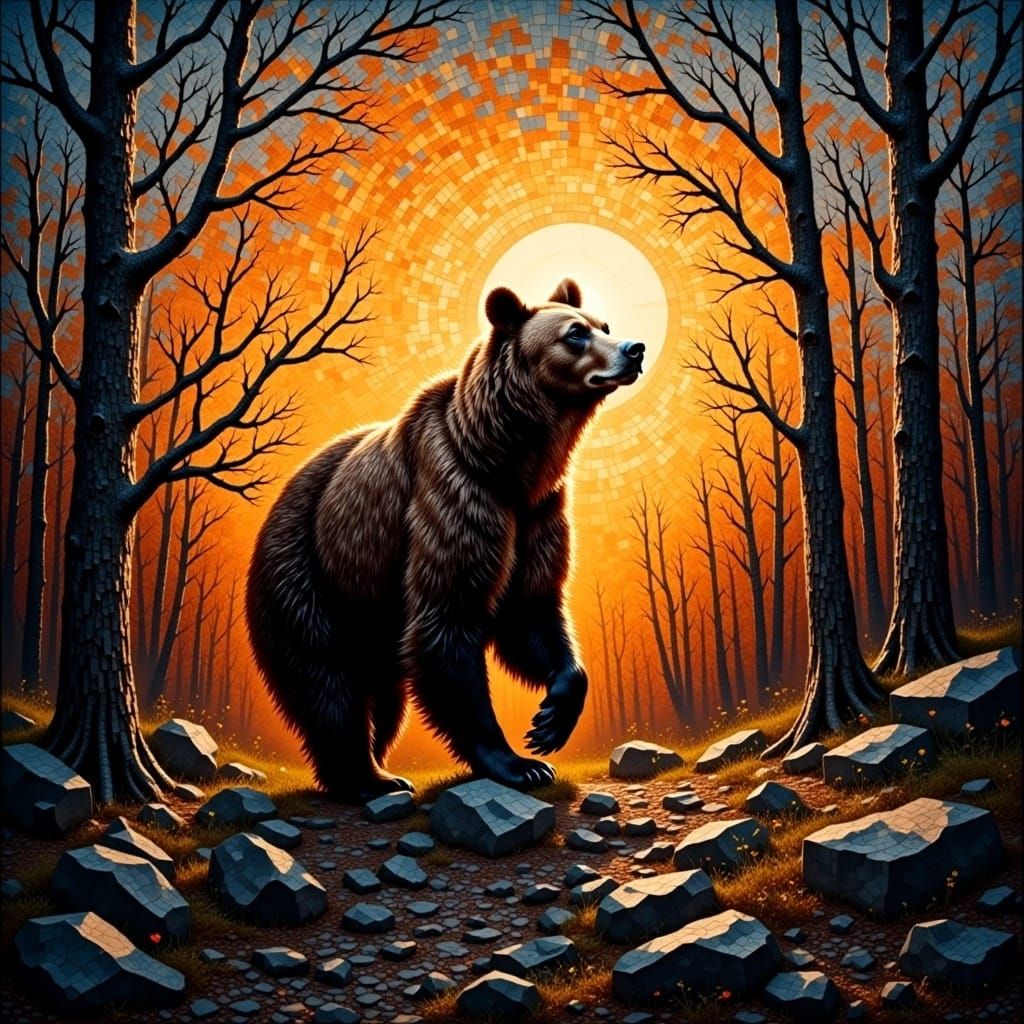 Grizzly Bear in Forest with Tile Effect