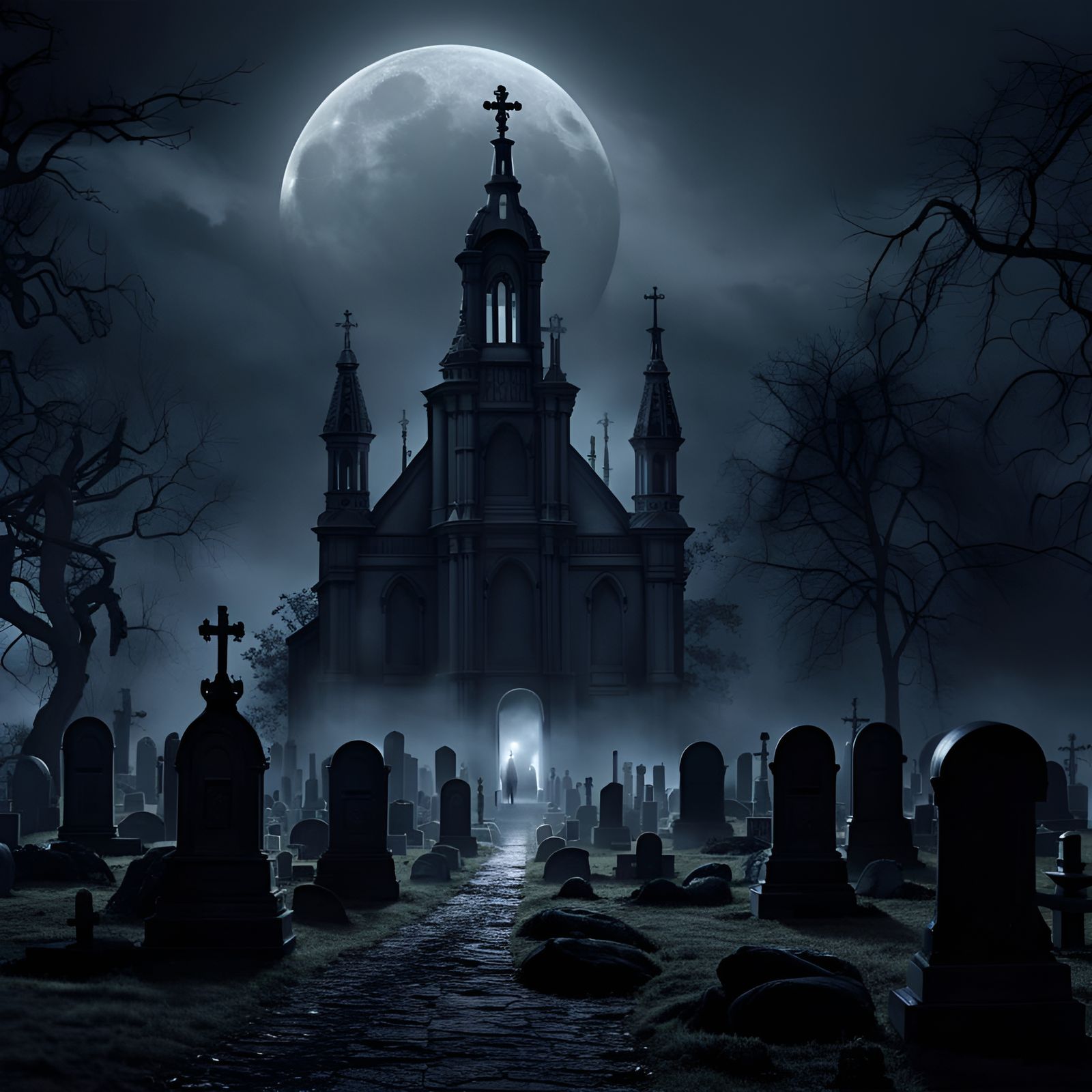 Ominous Figures Emerge from Graveyard in Matte Painting