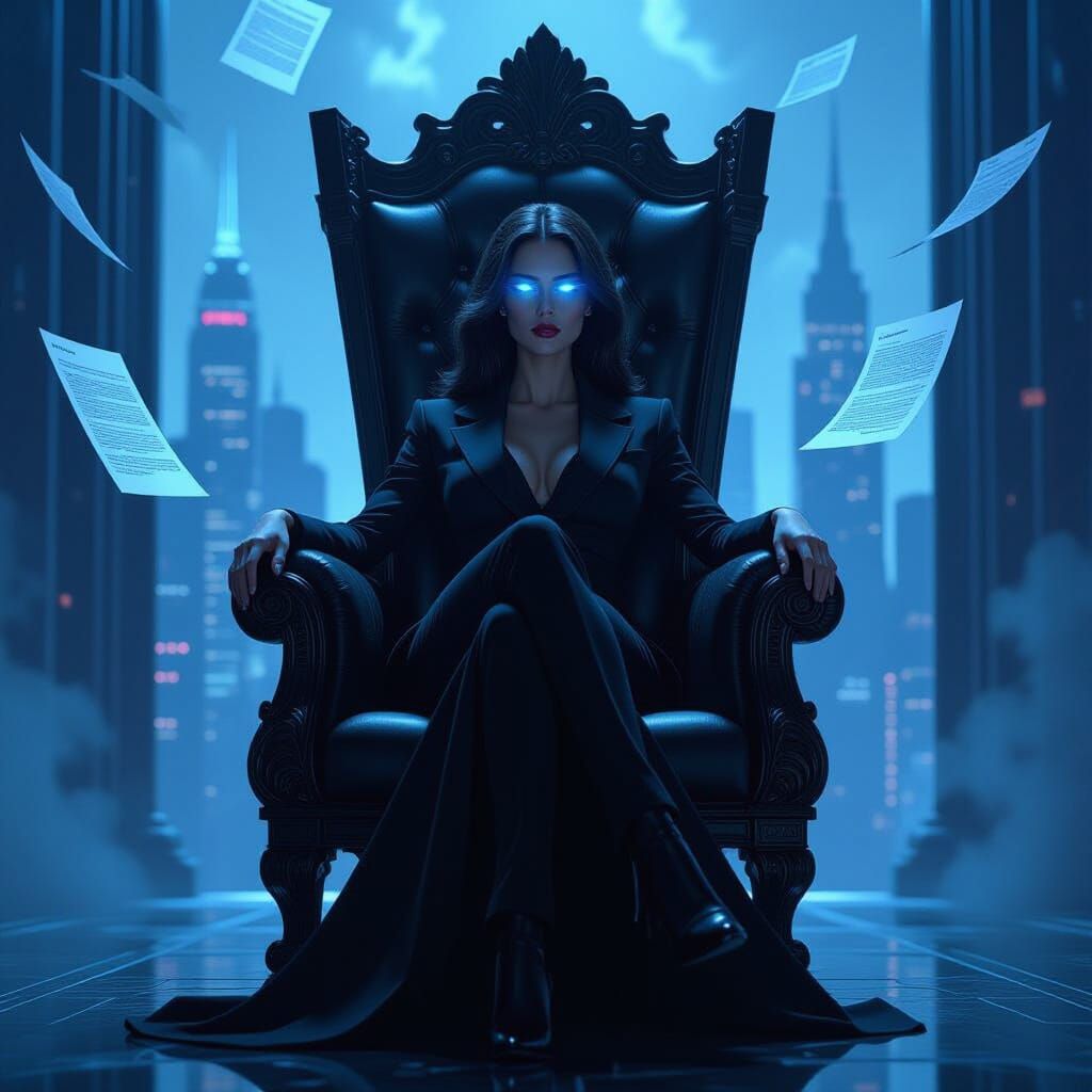 Cyberpunk CEO with Glimmering Eyes in Crystal Office