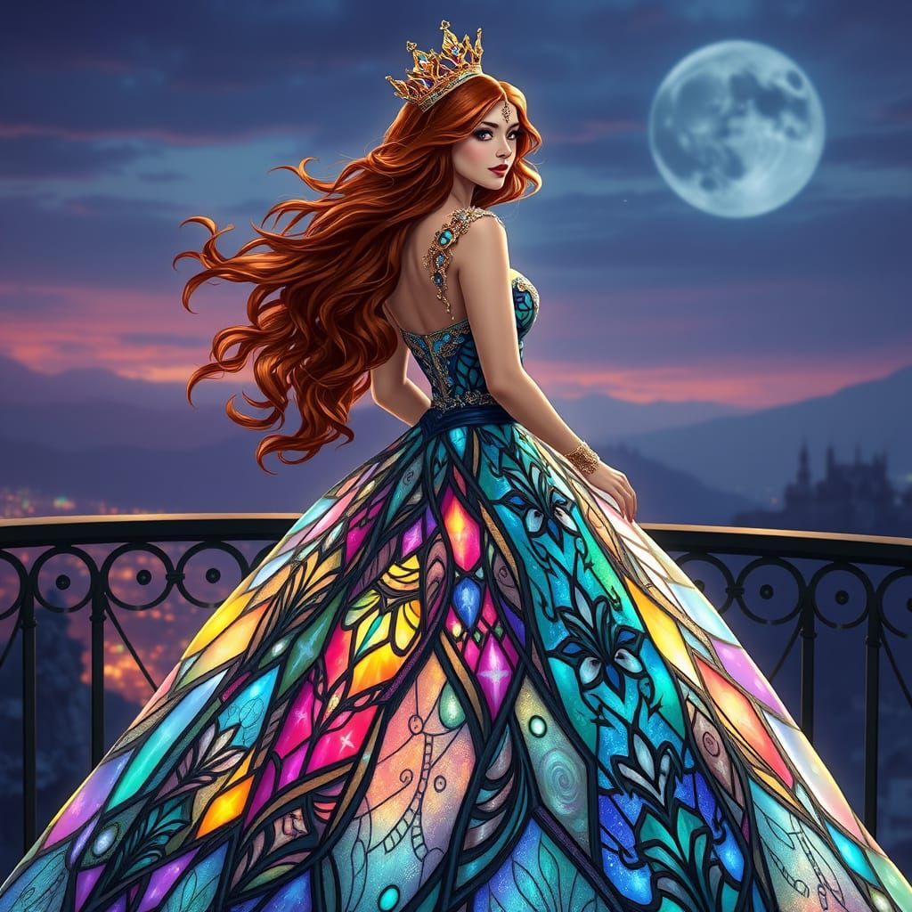 Fantasy Queen in Stained Glass Gown on Balcony