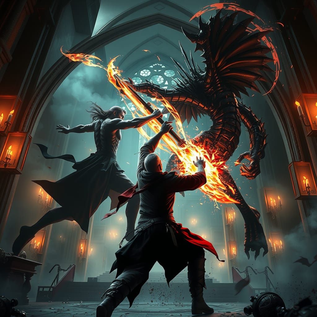 Hero vs Shadow Entity in Gothic Cathedral
