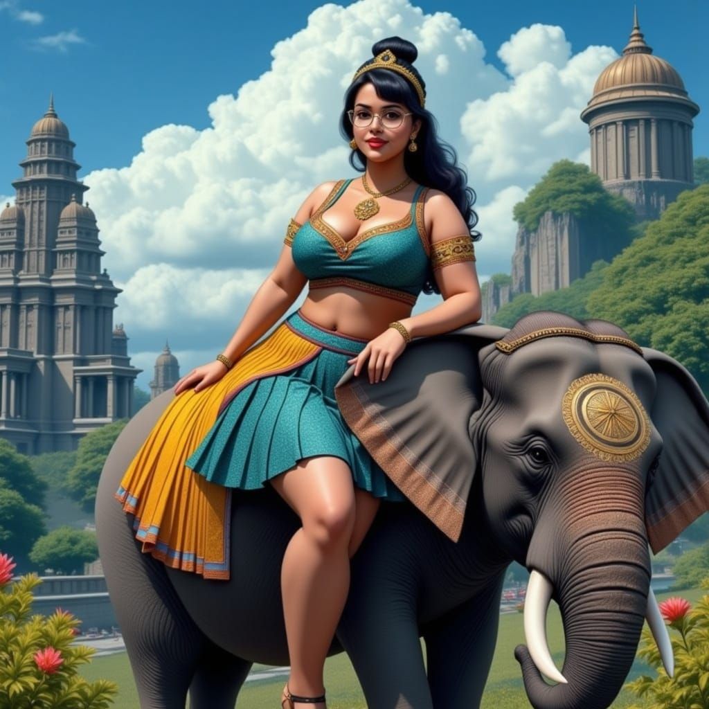 Indian woman riding an elephant <lora:Retro Cute:1.0>