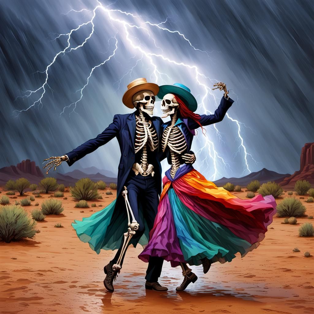Colorful Skeletons Dancing in Desert Rainstorm