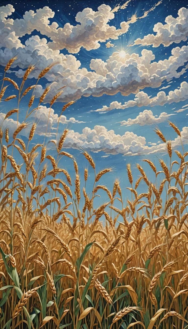 Celestial Wheat Field Waving Under Blue Sky