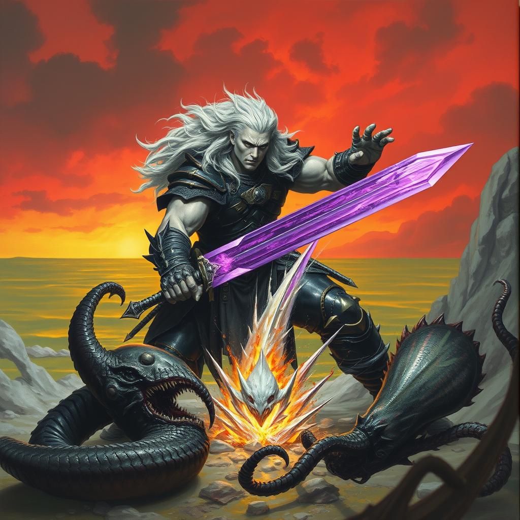 Warrior Drives Crystal Sword into Ground as Kraken Rises