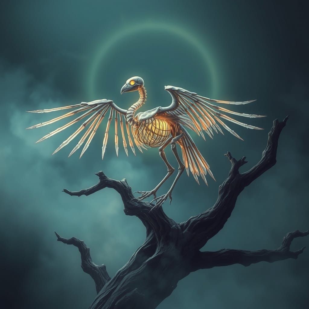 Glowing Skeleton Bird in Dark Fantasy Style