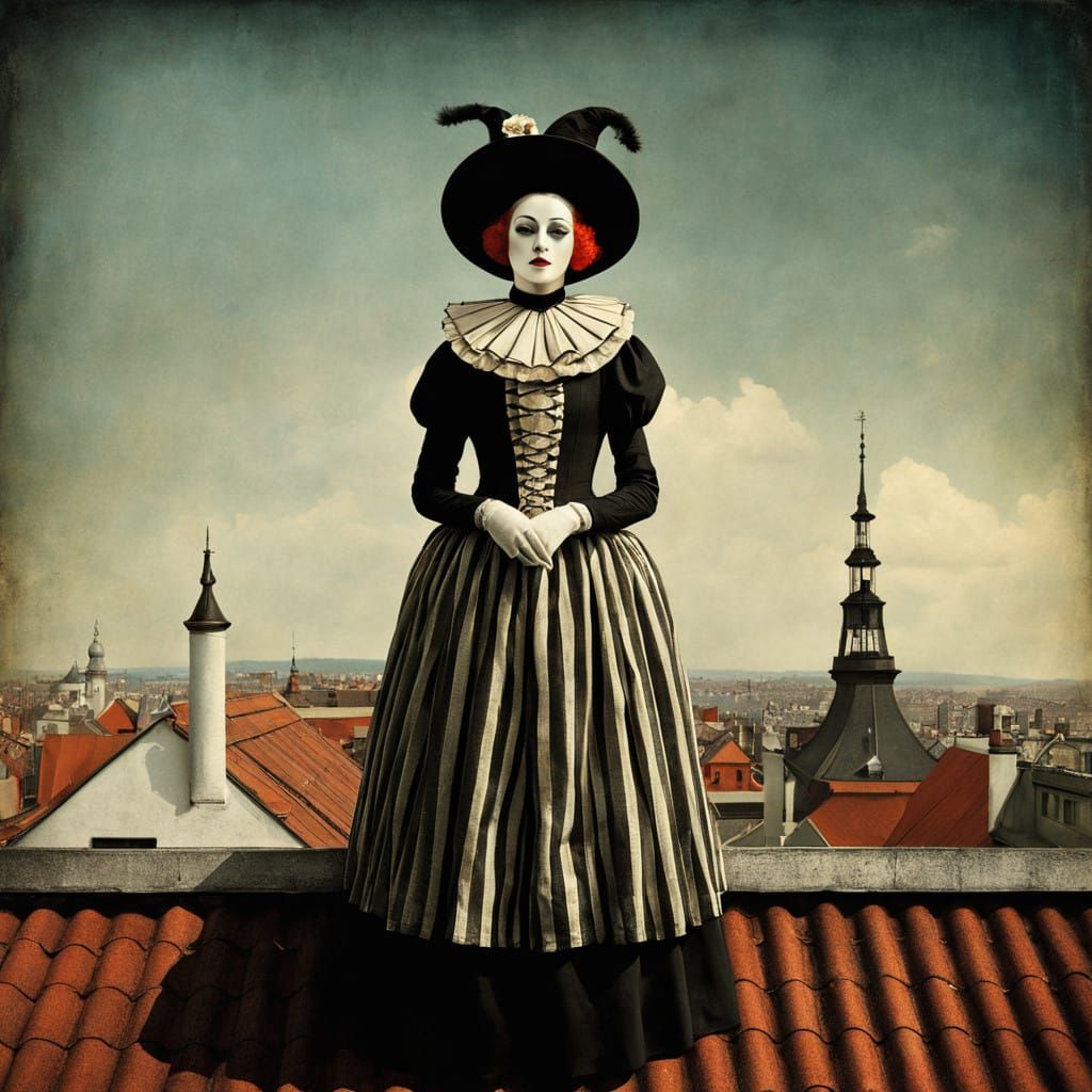 Ethereal Pierrot on Rooftop in Vivid Vintage Photography Sty...