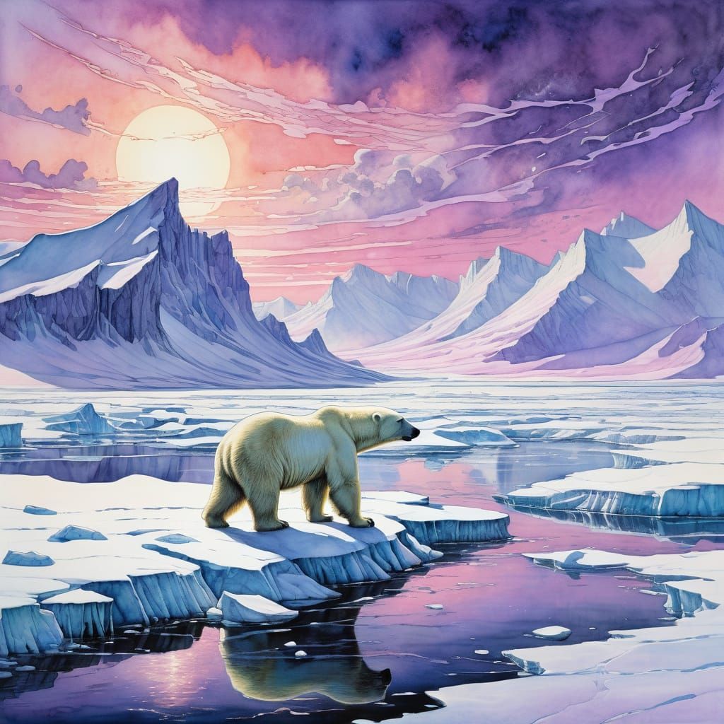 <lora:SumnerVision2:1.0> "Stunning cinematic scene of a young man riding a magnificent polar bear across a vast Arctic w...