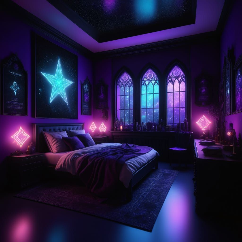 Stunning Gothic bedroom with purple walls& Black Gothic wind...