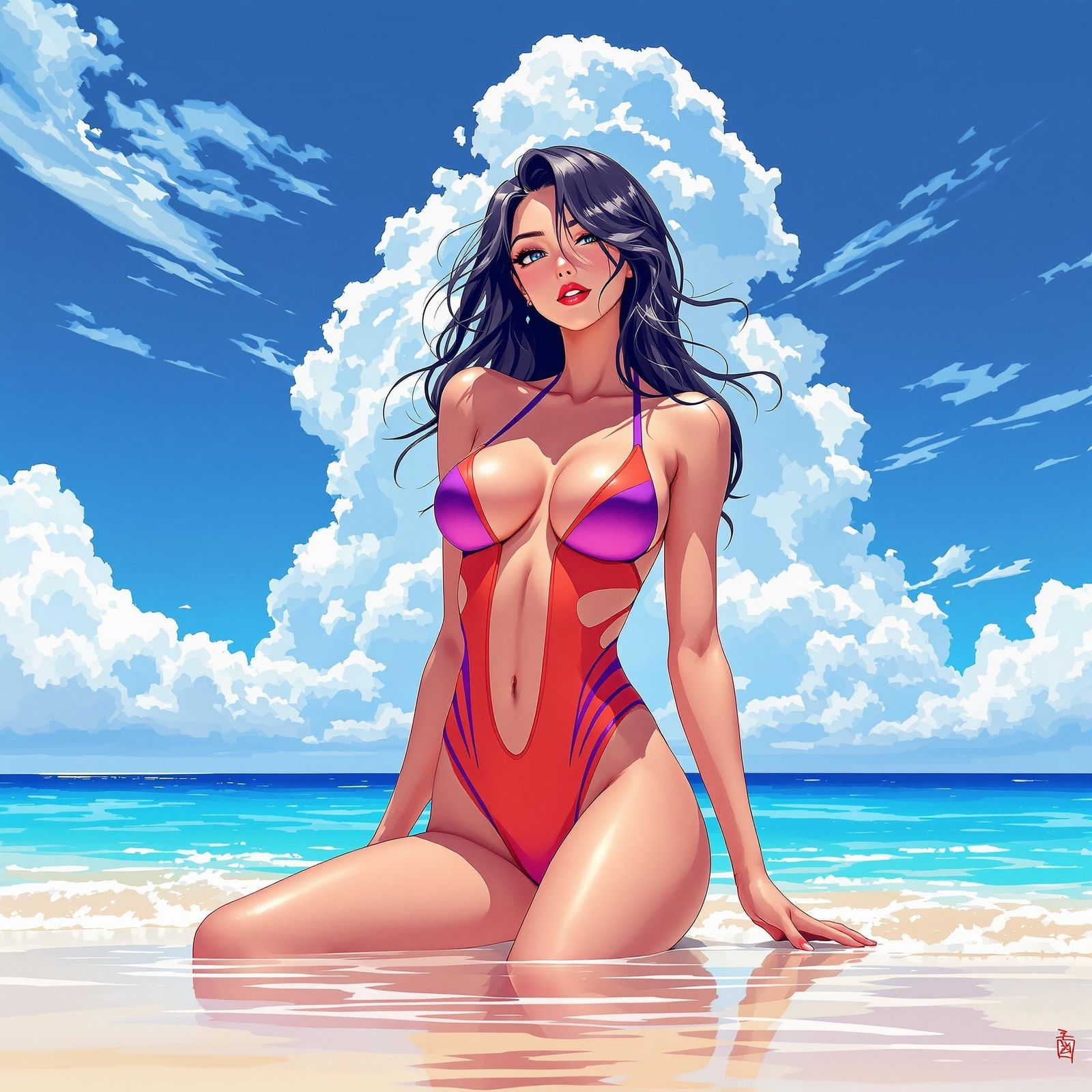 Anime Goddess on the Beach in Vibrant Colors