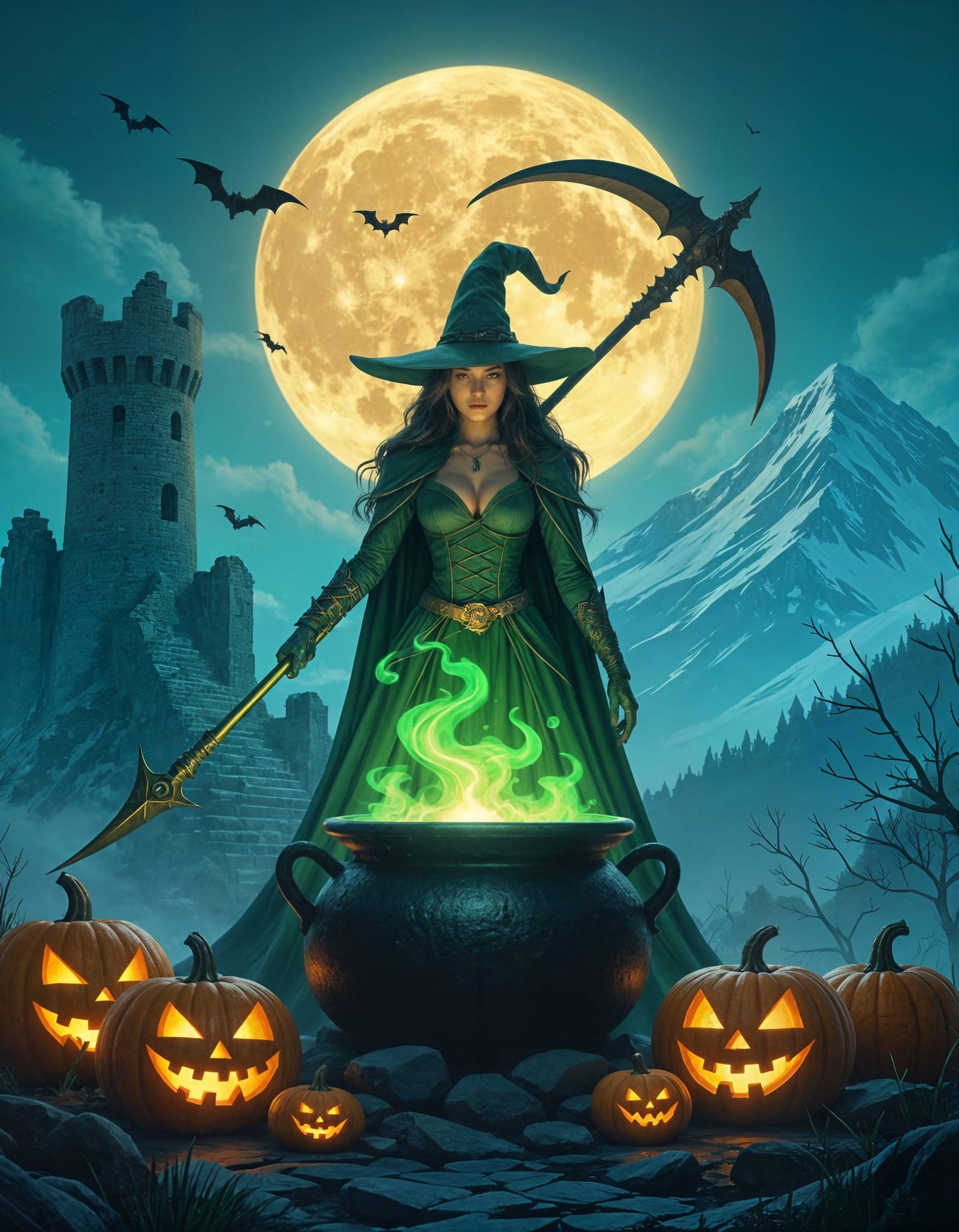 Witch Queen with Luminous Cauldron in Snowy Mountains