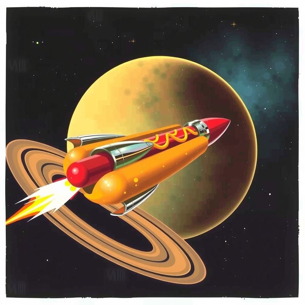 Retro-Futuristic Hotdog Rocket Soars Through Saturn