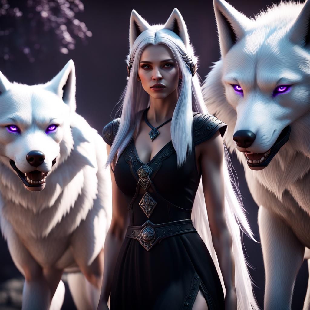 Woman with Wolf Ears and Giant Wolves, 3D Render