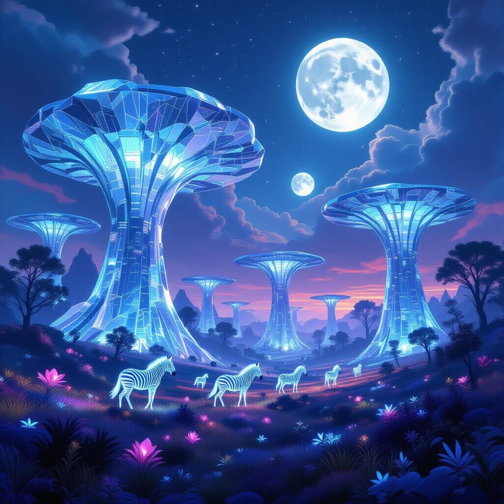 Surreal Crystalline Forest Under Twin Moons