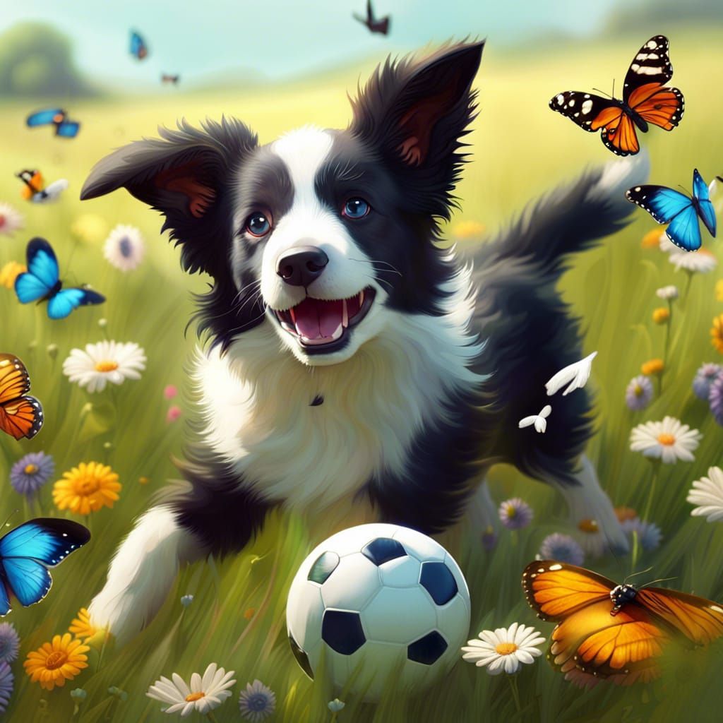 Border Collie Puppies Play Soccer: Grassy Field Scene