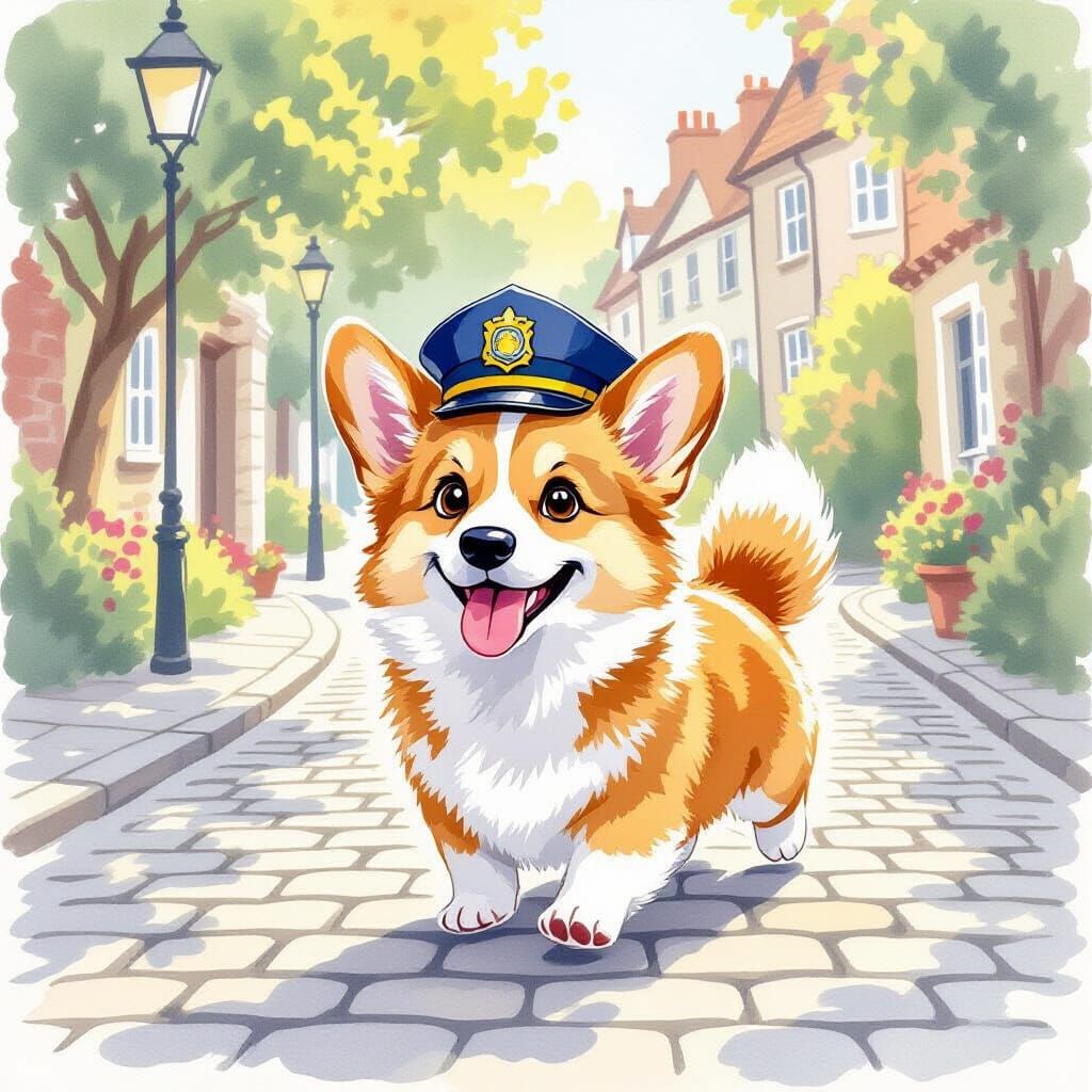 Fluffy Corgi Police Officer on Whimsical Patrol