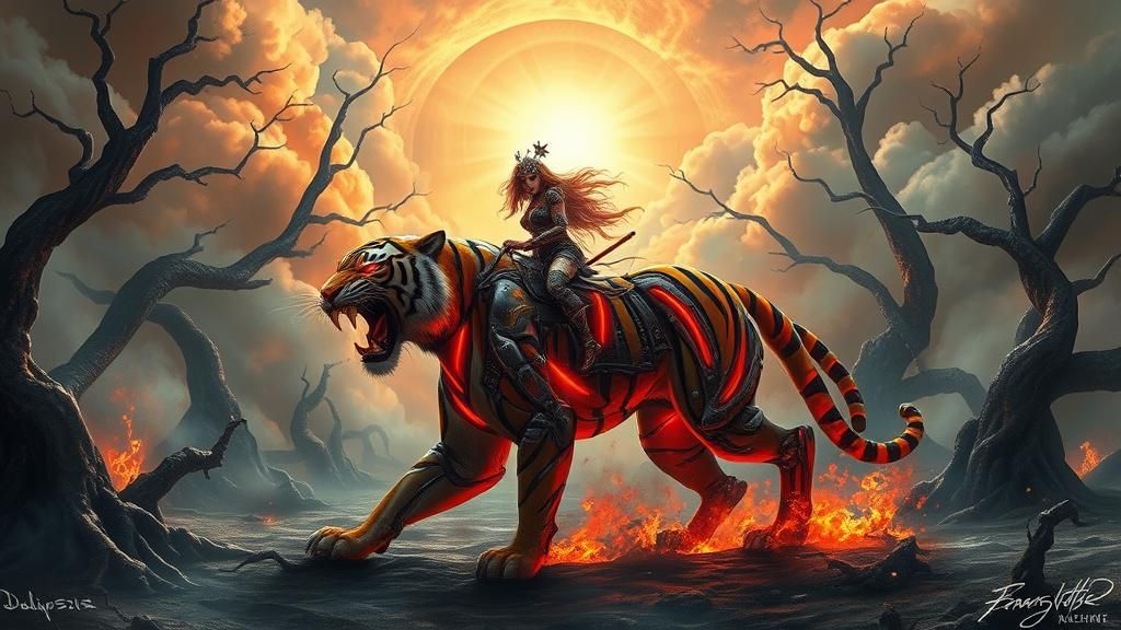 Punk Warrior Queen Rides Cyborg Tiger in Wasteland