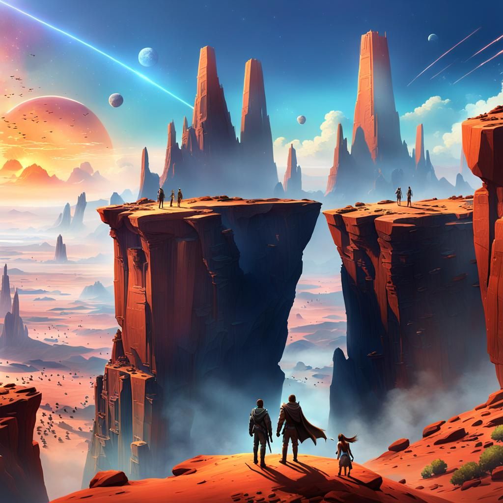 Surreal Cliffside Scene with Alien Creatures in Digital Art