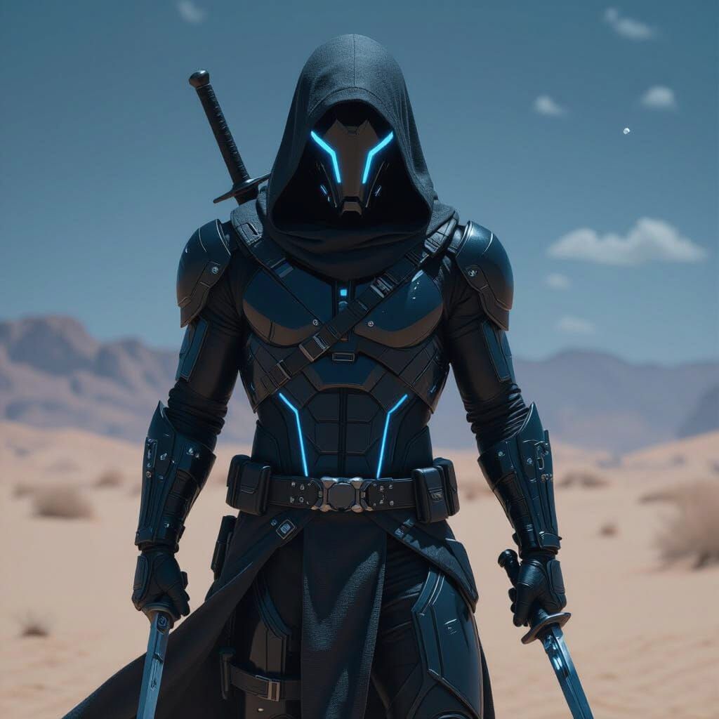 Cyber Stealth Hero Controls Water in Desert Night