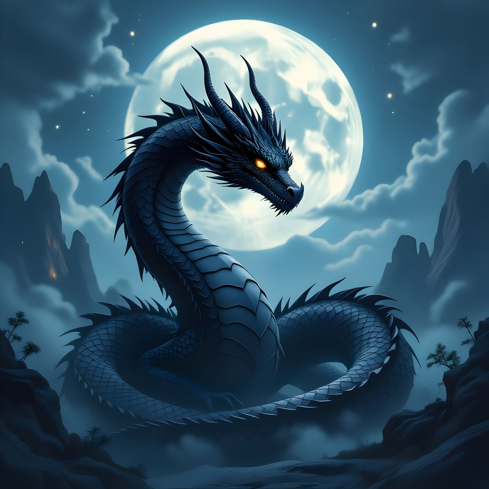 Magnificent Coiled Black Dragon