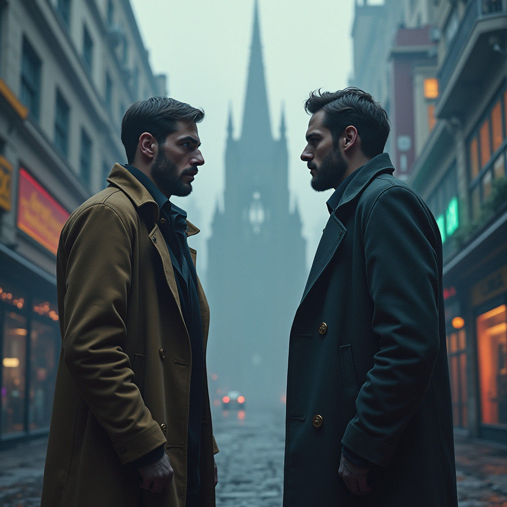 Eerie Encounter: Man Meets Doppelganger in Dreamlike Citysca...