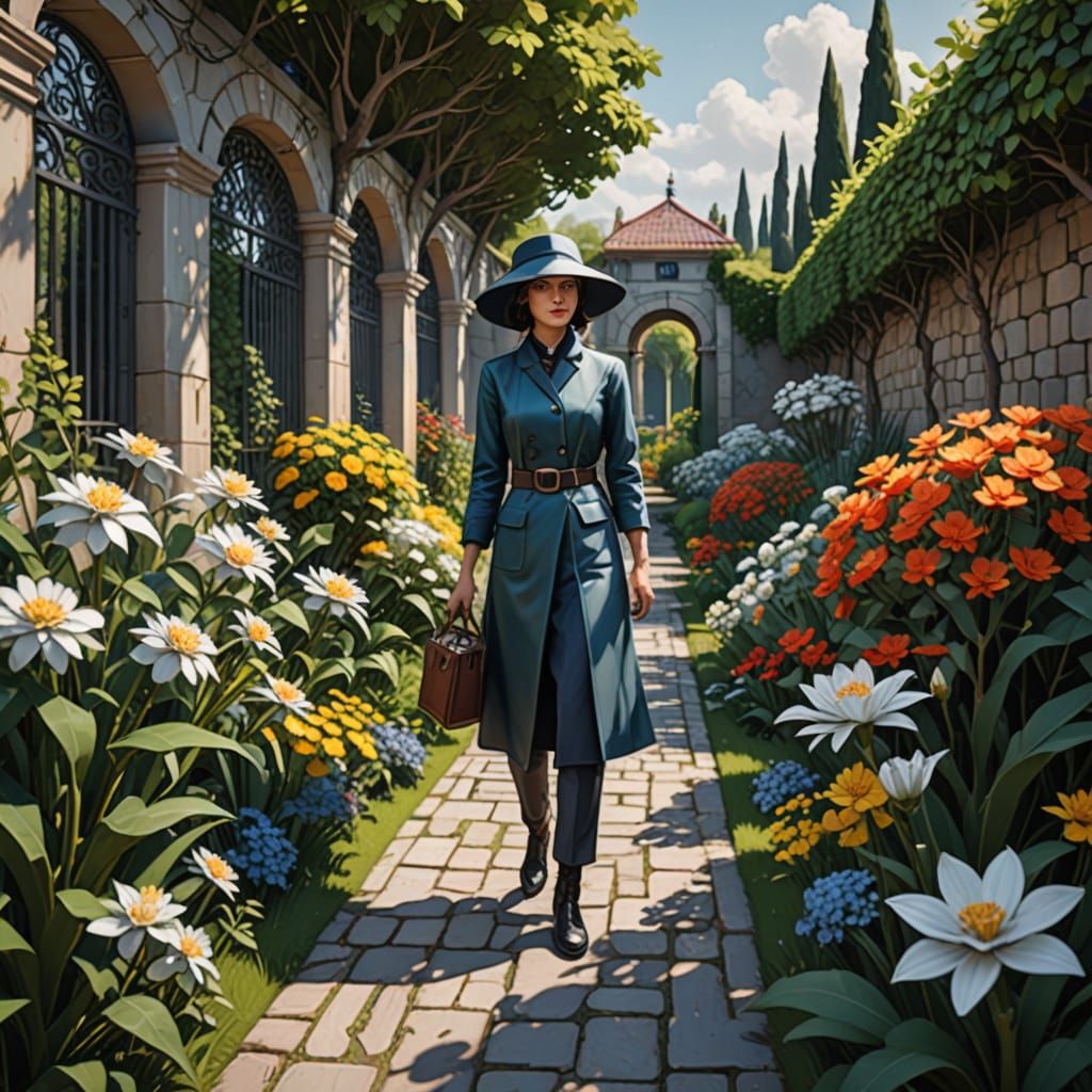 Neo-Cubism Garden Path With Silver Flowers