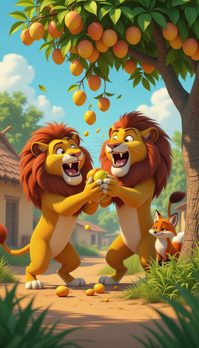 Lions Shake Mango Tree in Vibrant 3D Cartoon