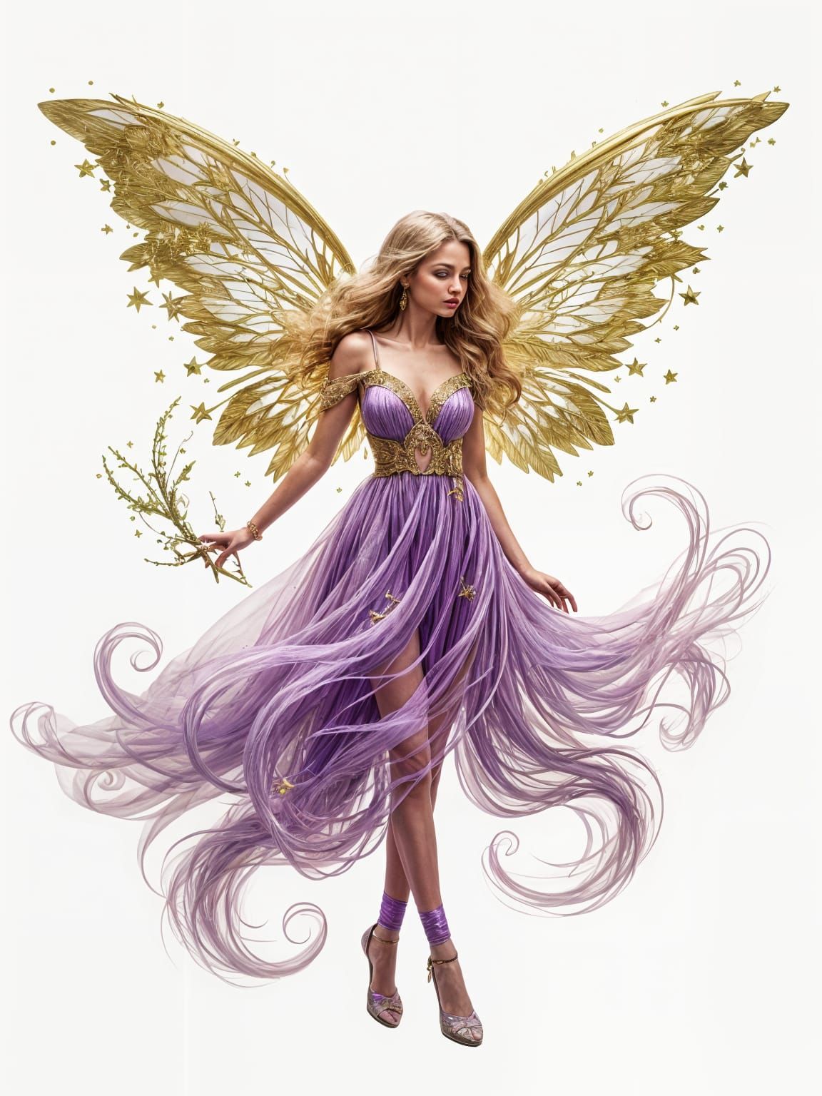 Golden Fairy with Purple Wings on White