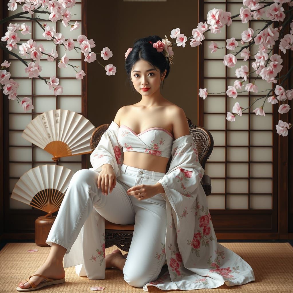 Geisha in Modern Attire on Ornate Chair, Photorealistic