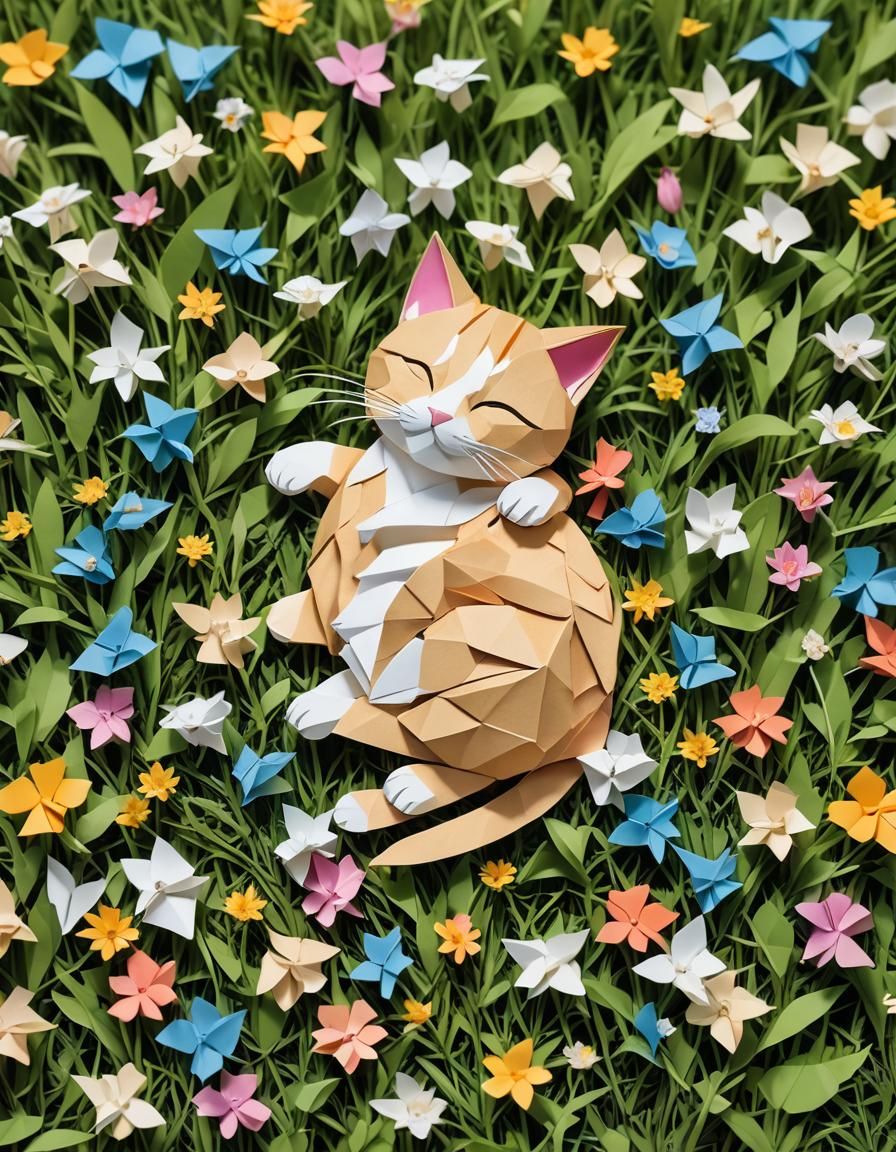 Cat Nap in Meadow: Origami Papercraft Style
