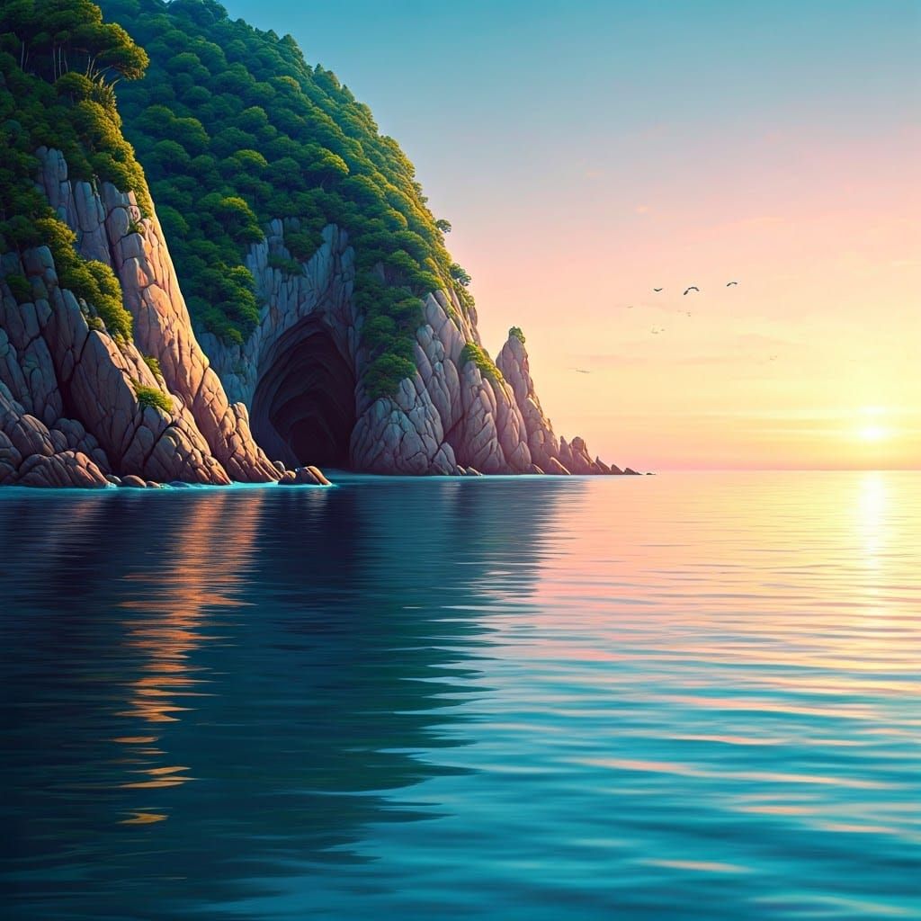 Twilight Coastal Scene with Granite Cliffs in Pastel Hues