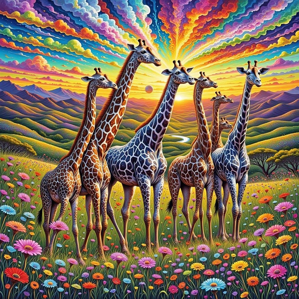 Psychedelic Giraffes in Dreamlike Landscape