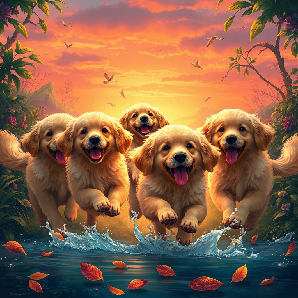 Golden Retrievers Frolic in a Whimsical Fantasy Landscape
