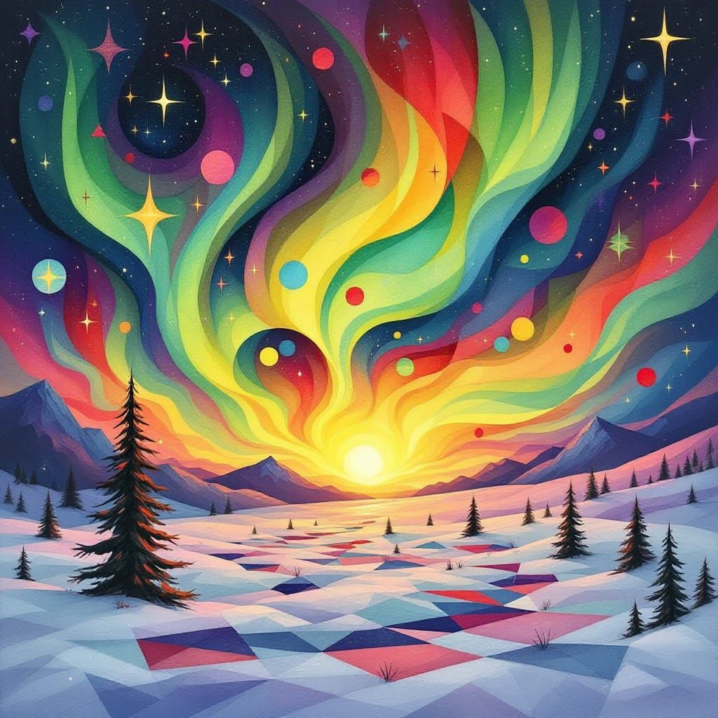 Geometric Northern Lights in Folk Art Style