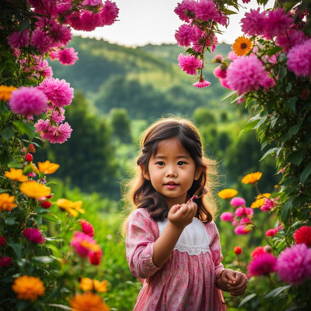 Girl Plays with Flowers in Beautiful Village