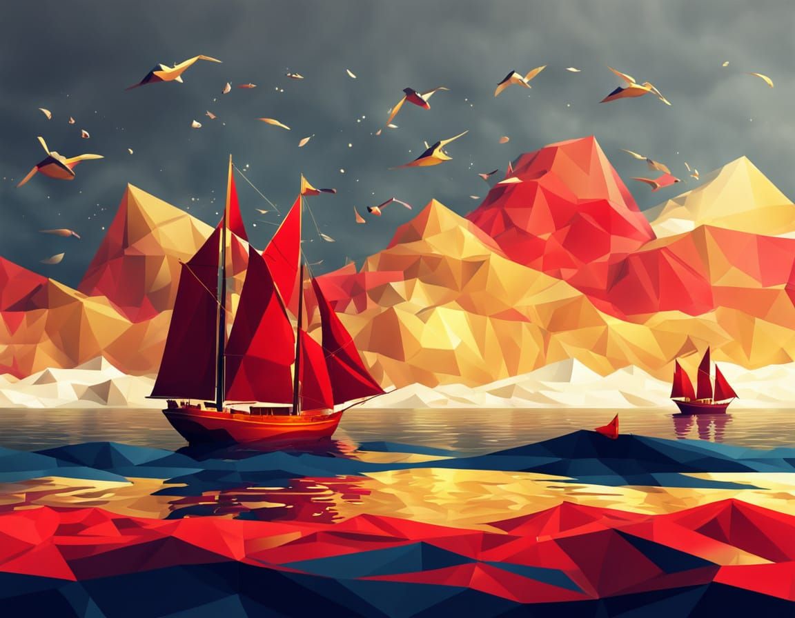Low Poly Red and Gold Seascape